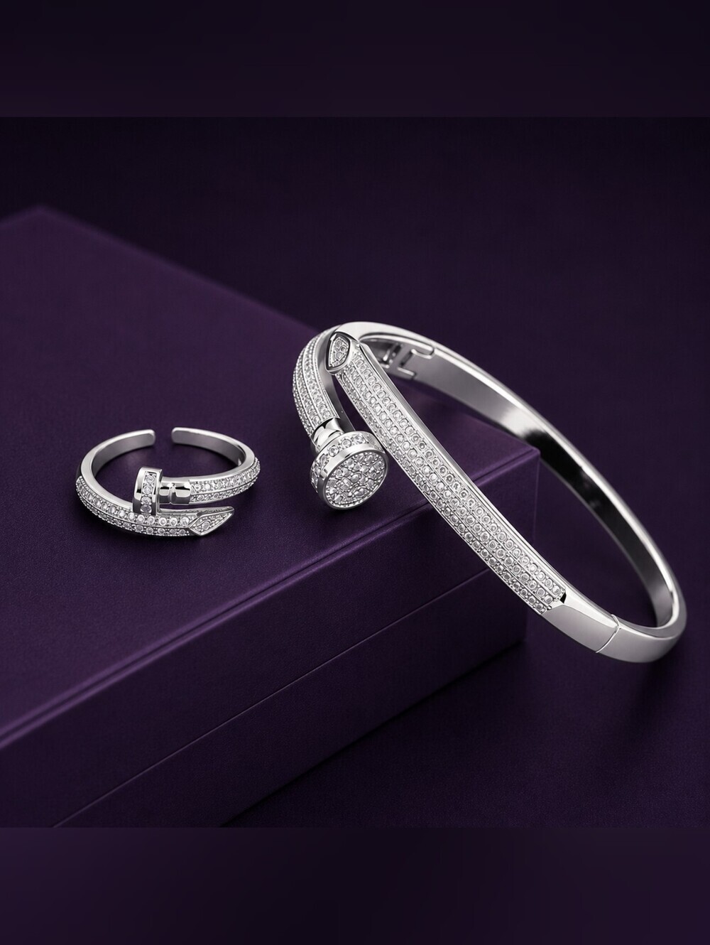 Silver Pave Crystal Nail-Inspired Cuff and Ring Set